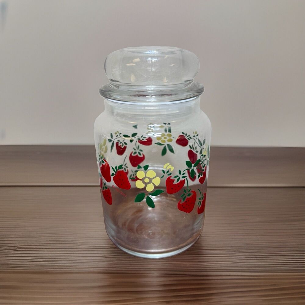 VTG Strawberry Blossom Glass Storage Jar  Lid Anchor Hocking 80s Cottagecore 7in